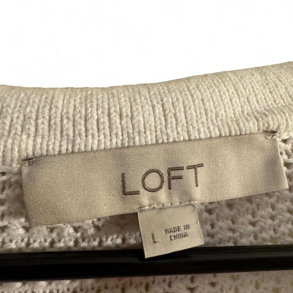 LOFT White Open Stitch Short Sleeve Polo Sweater Knit Top Large - Picture 6 of 10